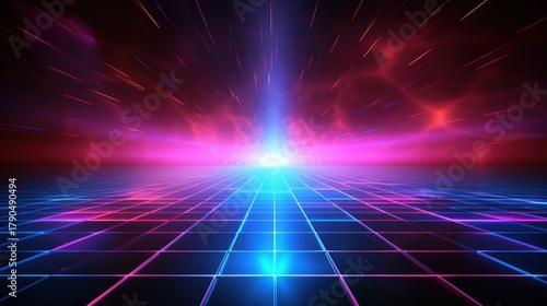 A vibrant digital landscape featuring a radiant light source, surrounded by dynamic colors and a grid pattern, evoking a futuristic and surreal atmosphere.