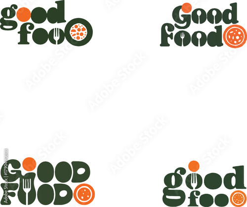 Good food logo designs with pizza and cutlery fork