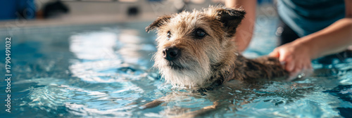 Dog walks on an underwater treadmill with the guidance of a trainer. This rehabilitation method helps improve the dog's strength and mobility in a safe environment, banner