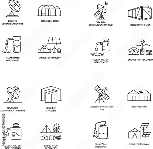 Satellite dish shelter water energy icons communication hub