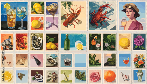 Collage of faux stamp-like illustrations food, drink, woman