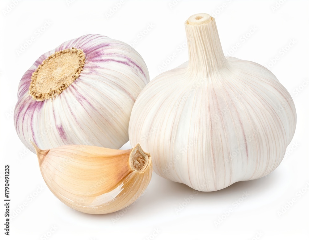 Obraz premium Close-up of fresh organic garlic bulbs and a clove, showcasing natural texture and color on a white background.