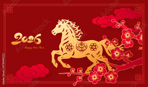 Paper-cut style Horse Spring Festival horizontal edition illustration