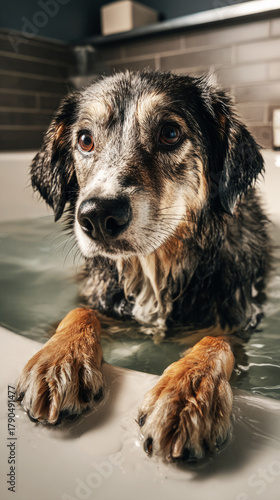 A dog sits in a bathtub filled with water, being washed carefully. The bright and clean setting adds to the calming atmosphere as the dog enjoys the soothing experience