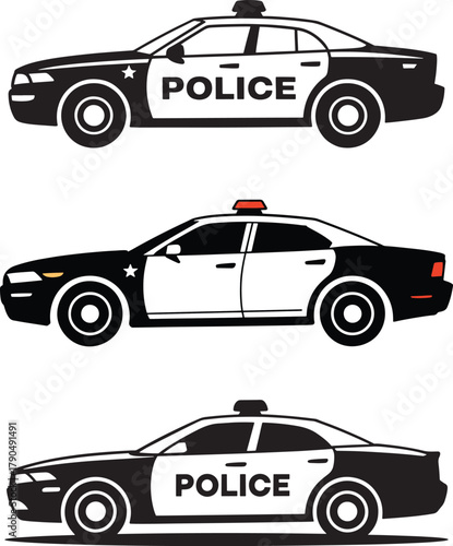 Three black and white police cars lined up side by side with red lights