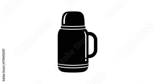 Simple Black Thermos Bottle Icon on White Background.