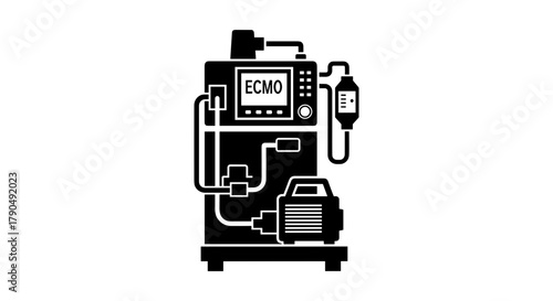 ECMO machine medical equipment black and white icon Extracorporeal Membrane Oxygenation life support system silhouette illustration for intensive care.