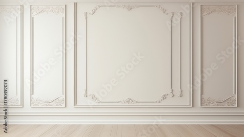 A minimalist interior featuring textured wall panels with intricate designs in soft beige tones, creating an elegant and sophisticated atmosphere.