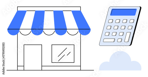Storefront with striped awning, adjacent calculator, and cloud design. Ideal for retail, finance, small business, accounting, e-commerce budgeting entrepreneurship. Simple flat metaphor
