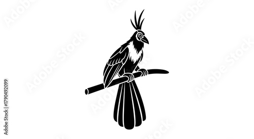 Black and white illustration of a bird perched on a branch.