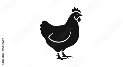 Simple black silhouette of a chicken standing on a white background.