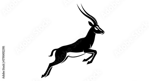 Graceful Black Antelope Leaping Silhouette on White Background.