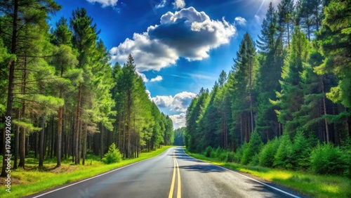 Asphalt roadway cutting through a vibrant, sun-drenched coniferous forest under a partly cloudy sky