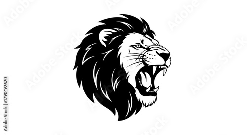 Monochrome illustration of a fierce roaring lion head.
