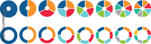 Set of colorful pie charts. Colorful pie charts with varying segments. Circle section graph. Pie chart set. Pie charts diagrams. Different color circles. donut and pie chart infographic elements set