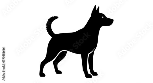 Black silhouette of a standing dog with pointed ears and a curled tail.