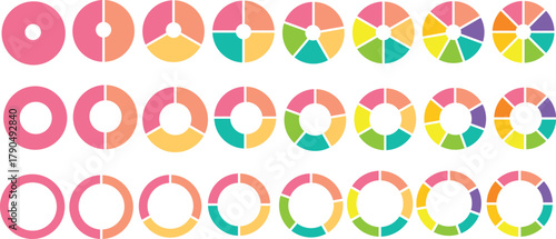 Pie charts diagram set. Circle pie charts 1,2,3,4,5,6,7,8,9,10,11,12 sections. Wheel round segment infographic part. Circle section graph. Pie charts diagrams