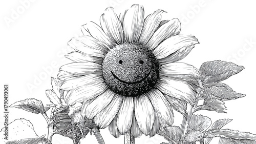 Cheerful Sunflower Black and White Drawing with Smile - Professional Image for Design Projects