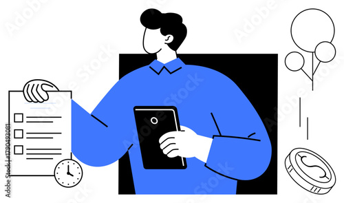 Person holds tablet and checklist with clock, balloon, and coin elements around. Ideal for task management, time optimization, prioritization, planning, productivity, multitasking simple flat