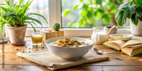 Morning sunlight illuminates a bowl of creamy yogurt with crunchy granola, resting on a rustic wooden table beside an open book and potted plants. A peaceful breakfast scene.