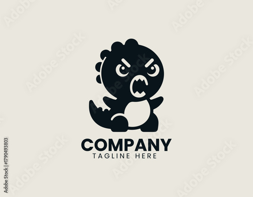 Cute angry dinosaur black vector logo illustration