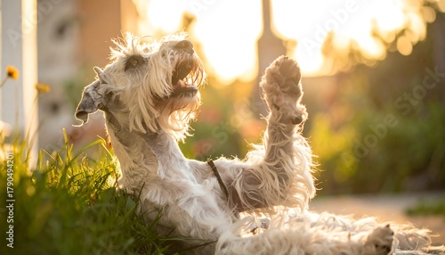 Dog joyfully rolls on the grass in golden sunlight, basking in warmth