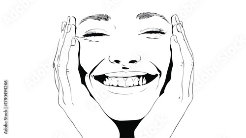 Smiling Face with Hands in Black and White