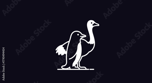 Minimalist Illustration of a Penguin and an Ostrich on Black Background.