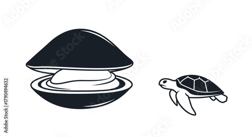 Clam and Turtle Illustration Marine Life Duo in Black and White.