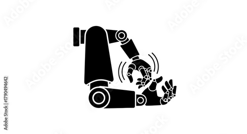 Robotic arm holding a human hand.