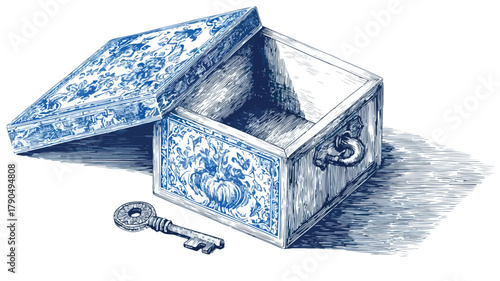 Blue and White Vector Drawing of Box with Key Inside