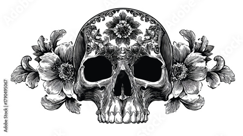 Stylish Black and White Skull with Floral Design Vector Illustration