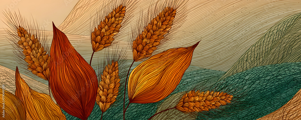 Naklejka premium Cereal rye bread background. Leaves and ears of wheat wrapper. Agriculture straw. Orange contour line vector. Horizontal banner.
