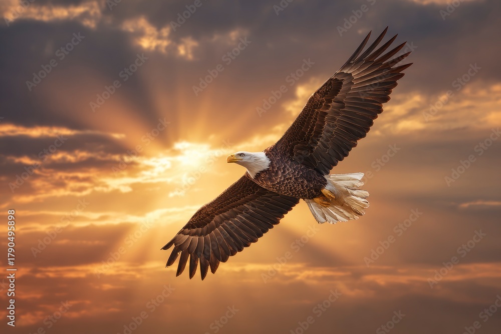 Fototapeta premium An eagle soars against a backdrop of golden sunset clouds