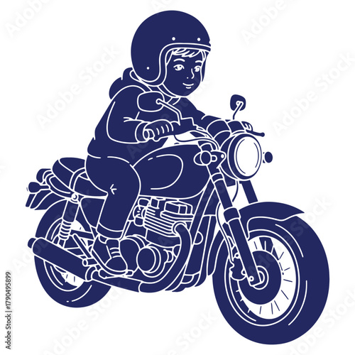 Child riding a motorcycle with helmet on road adventure and freedom concept art style illustration graphic design