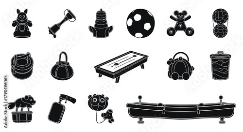 A collection of various toys and household items in black and white