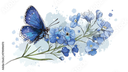 Elegant Butterfly and Blue Flowers with Butterfly Text Drawing