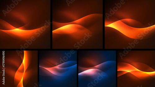 Abstract backgrounds showcase flowing lines, warm colors, dynamic shapes. Smooth gradients create luminous visual effects.