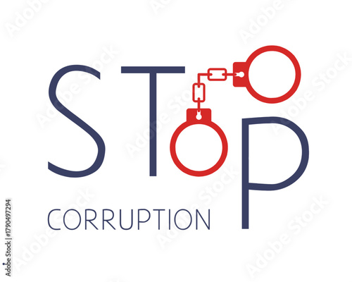 Illustration with the text "Stop Corruption" featuring handcuffs integrated into the design, symbolizing justice, integrity, and the fight against corruption.