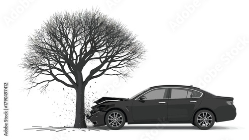 Car Crash Accident with Tree on White Background