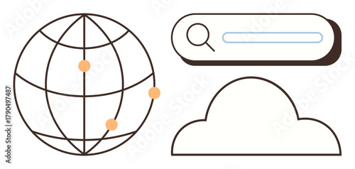 Globe with connection points, cloud shape, and search bar representing networking, data sharing, and information access. Ideal for technology, internet, globalization, cloud services search engines