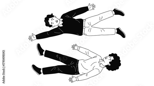 Minimalist Illustration of Two People Lying Down with Relaxed Poses – Black and White Line Art