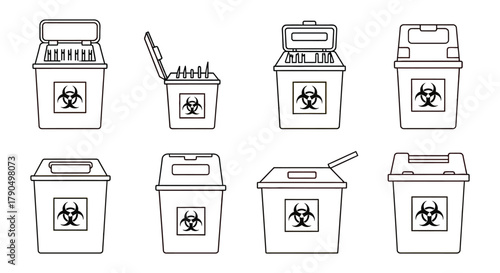 Illustration of multiple sharps containers with biohazard symbols on them