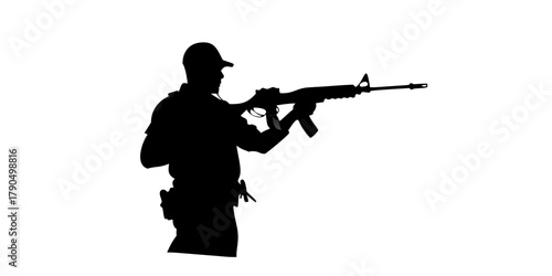a black silhouette of a soldier standing with a rifle in his hand black, hand, helmet, man, silhouette, soldier, stand, uniform , Generative art.
