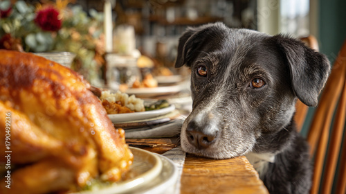A dog longingly looks at a thanksgiving turkey dinner on a wooden table with plates of food
