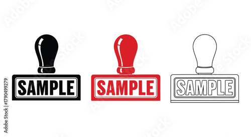 Illustration of three sample stamps in black red and outline styles