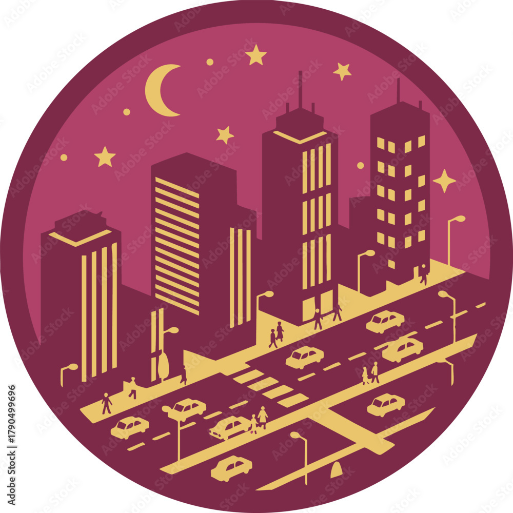 Obraz premium Minimalist Isometric Night City Vector Illustration - Urban Traffic and Skyscraper View