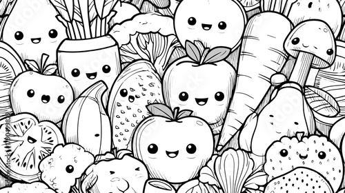A seamless pattern of cute cartoon fruits and vegetables in black and white line art style design illustration
