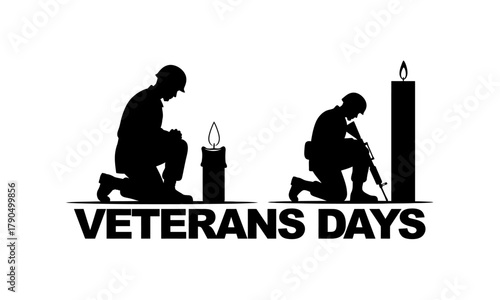 Minimalist Black and White Vector of Soldiers Kneeling Before Candle for Veterans Day Tribute