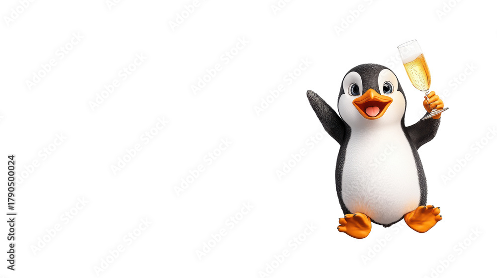Fototapeta premium Cheerful Penguin Toasting with Bubbles on Transparent Background